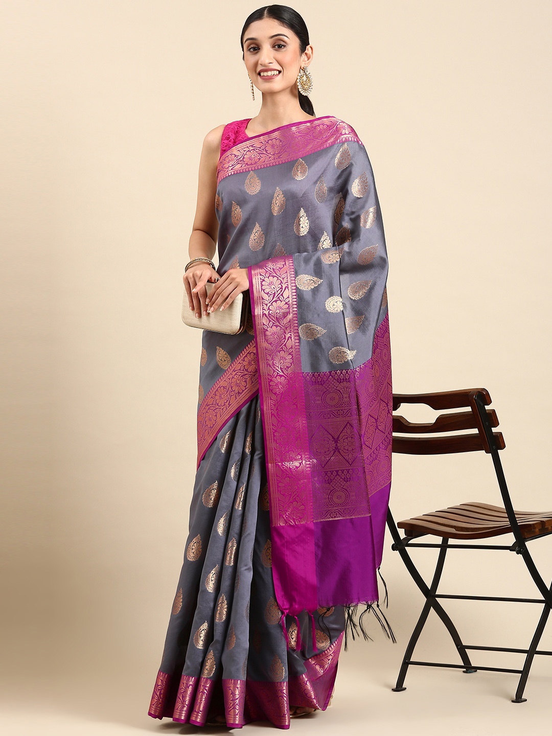 

swatika Ethnic Motifs Zari Silk Blend Banarasi Saree, Grey