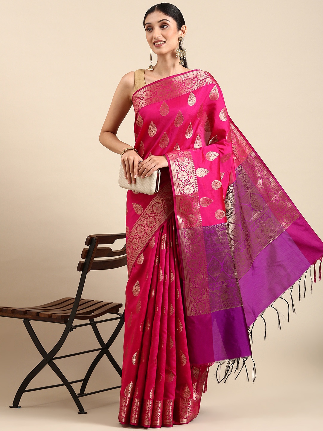 

swatika Ethnic Motifs Zari Silk Blend Banarasi Saree, Pink