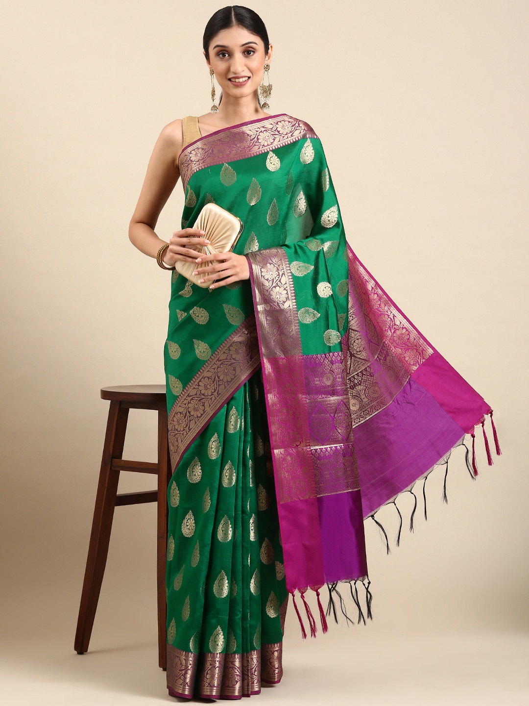 

swatika Ethnic Motifs Zari Silk Blend Banarasi Saree, Green