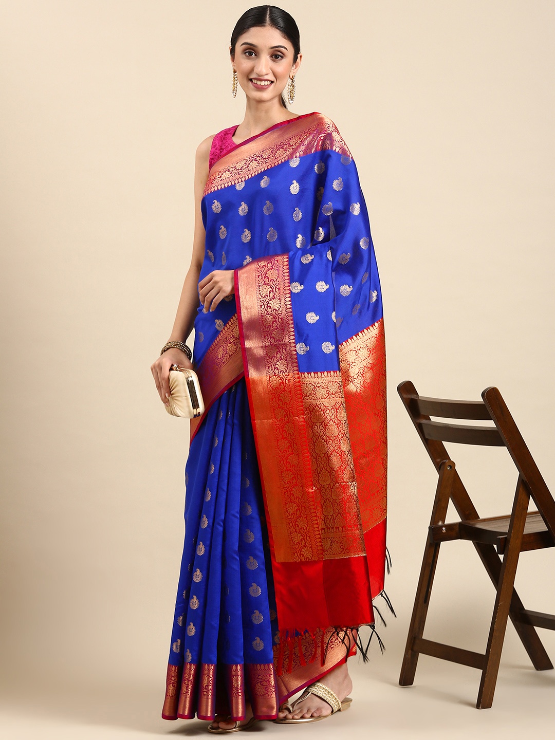 

swatika Motifs Zari Silk Blend Banarasi Saree, Blue