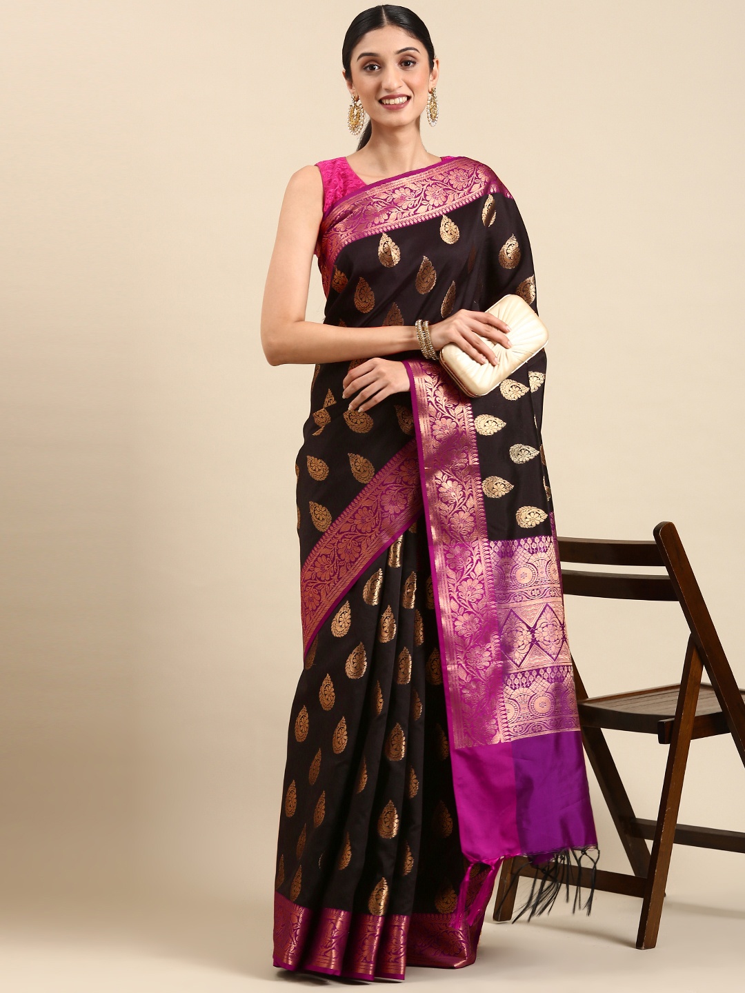 

swatika Ethnic Motifs Zari Silk Blend Banarasi Saree, Black