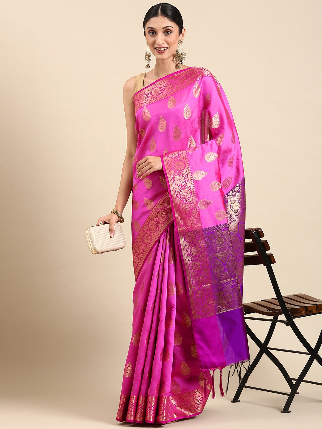 

swatika Ethnic Motifs Zari Silk Blend Banarasi Saree, Pink