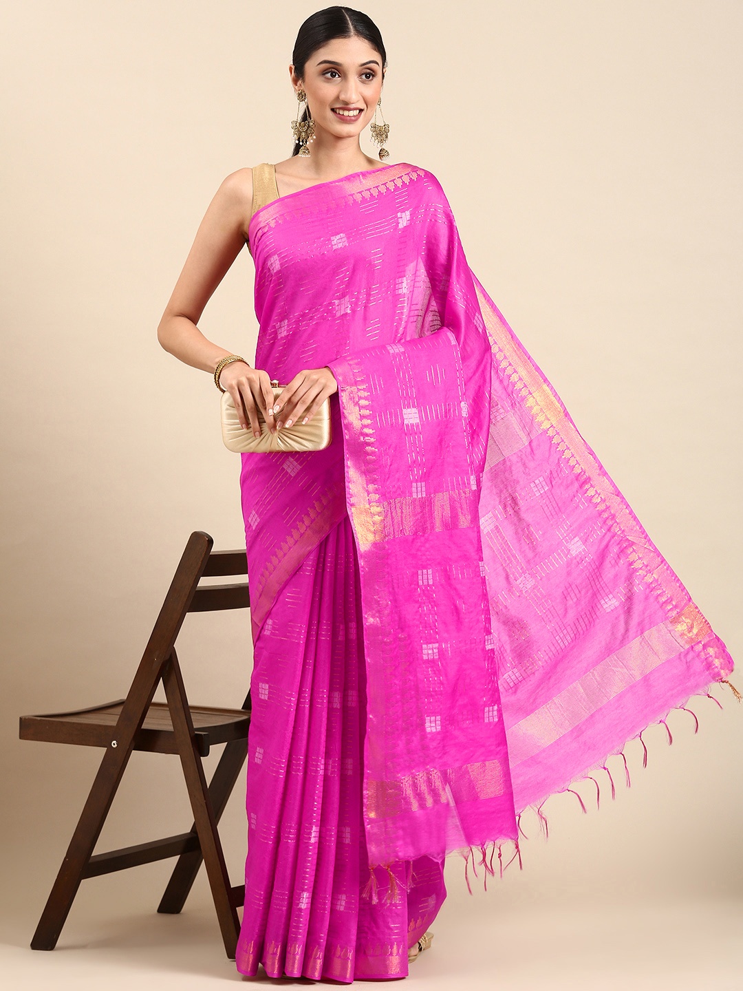 

swatika Woven Design Zari Silk Blend Bhagalpuri Saree, Pink