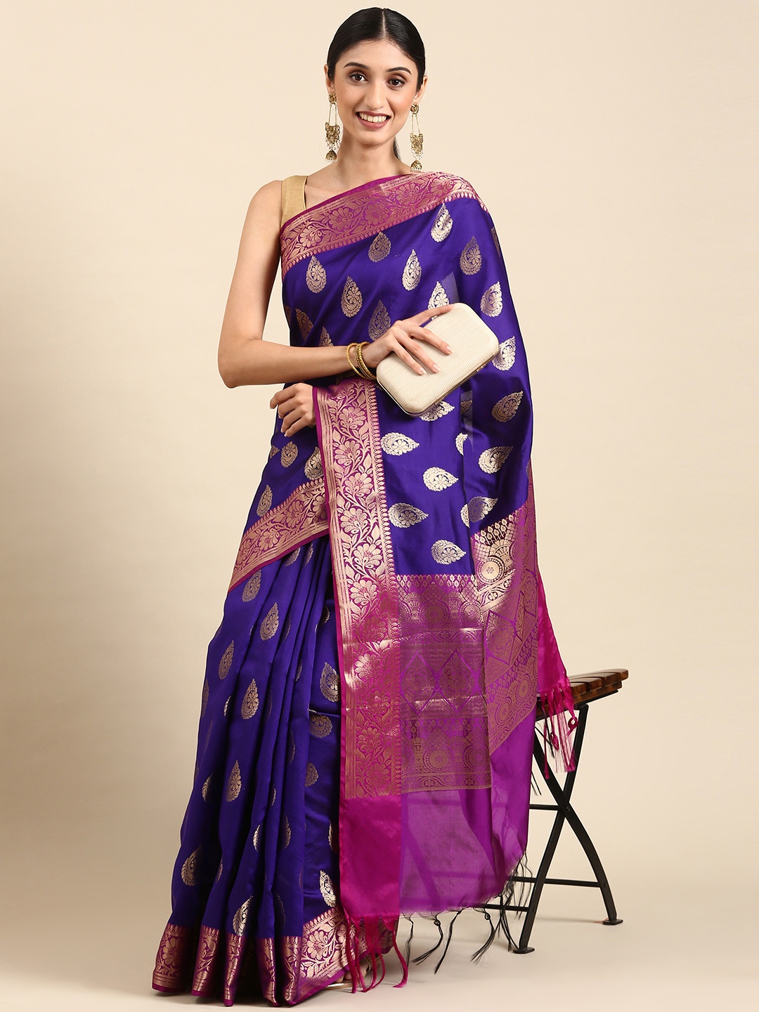 

swatika Ethnic Motifs Zari Silk Blend Banarasi Saree, Blue