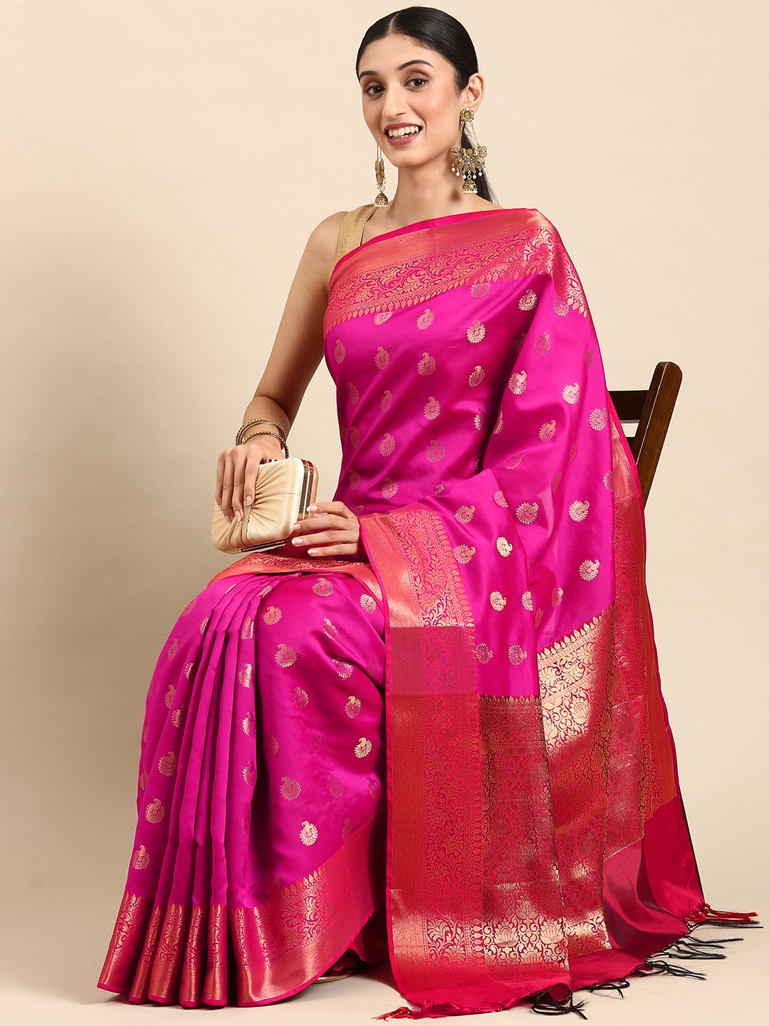 

swatika Ethnic Motifs Zari Silk Blend Banarasi Saree, Pink