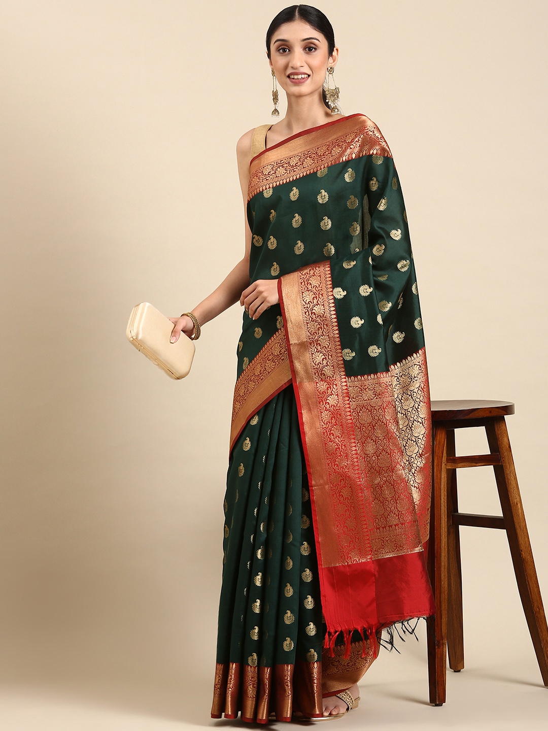 

swatika Ethnic Motifs Zari Silk Blend Banarasi Saree, Green