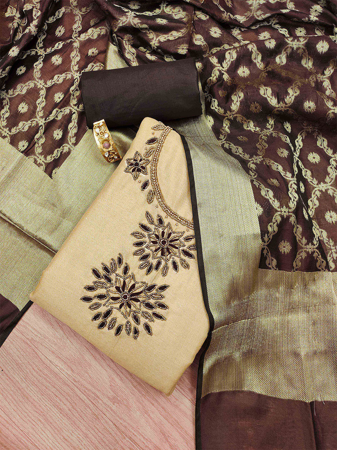 

KALINI Embellished Unstitched Dress Material, Beige