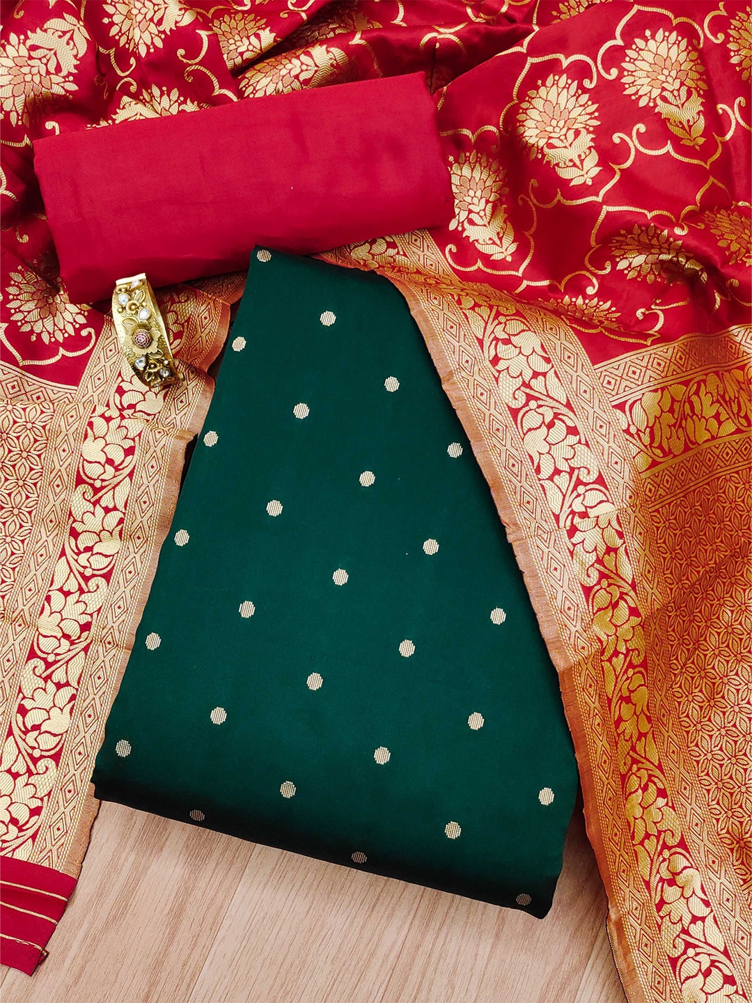 

KALINI Polka Dot Woven Design Unstitched Dress Material, Olive