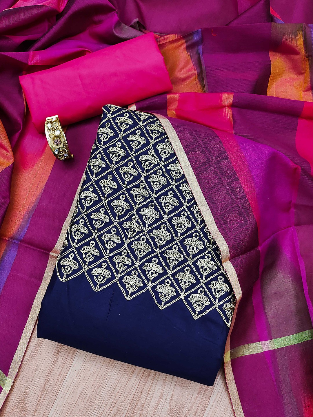 

KALINI Embroidered Zari Work Details Unstitched Dress Material, Blue