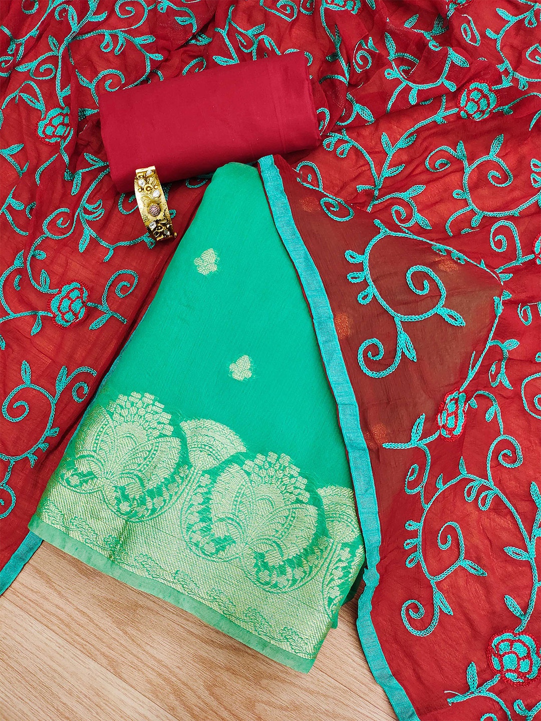 

KALINI Ethnic Motifs Woven Design Zari Work Details Unstitched Dress Material, Green