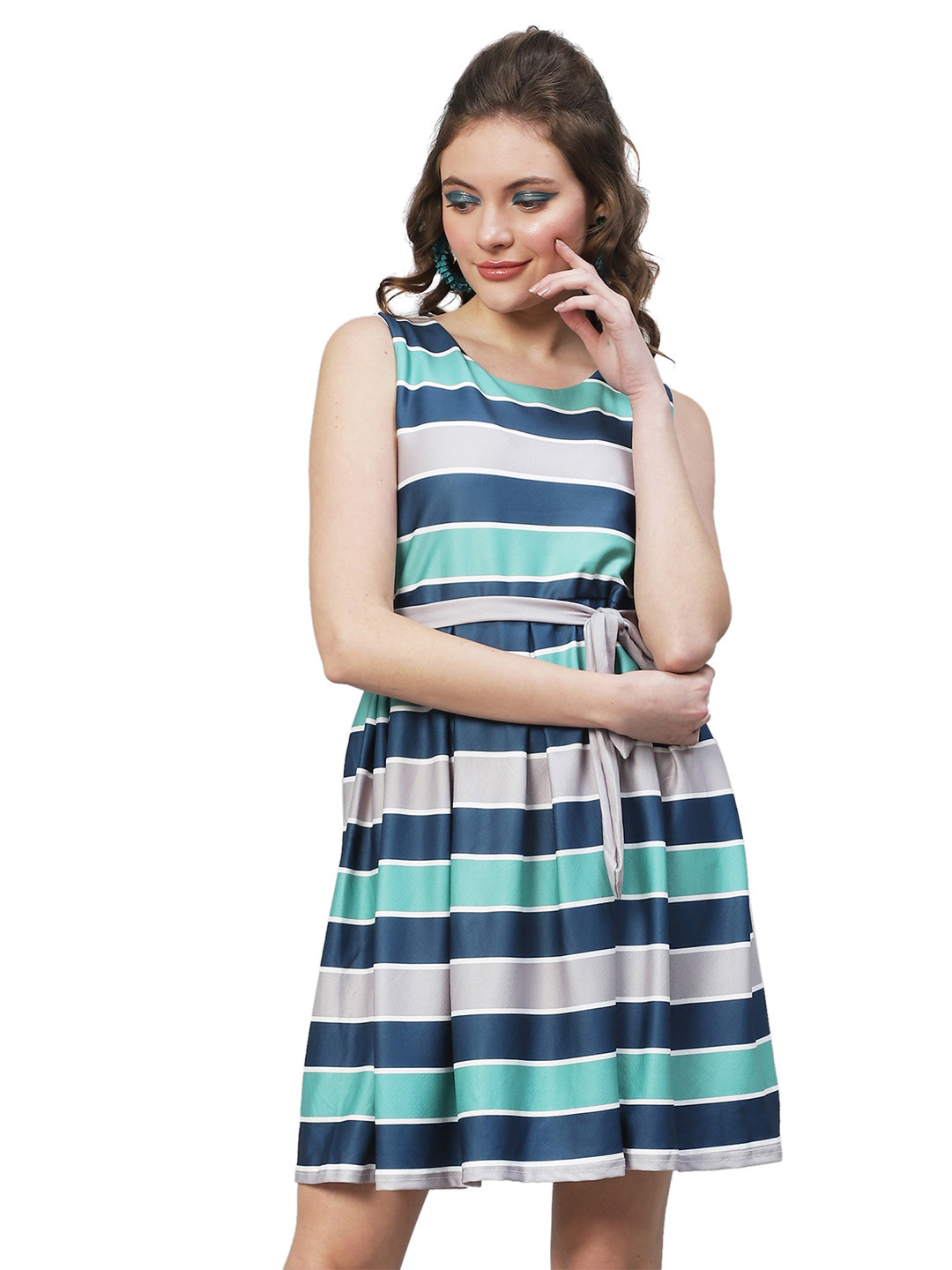 

eshami Flared Striped Sleeveless Dress, White