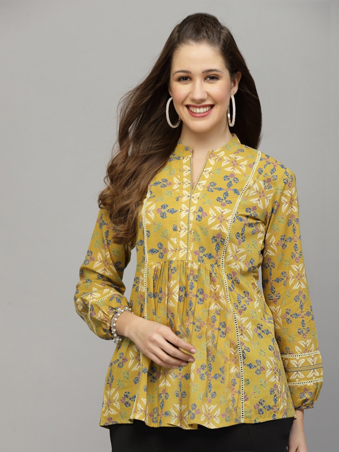 

QOMN Floral Printed Mandarin Collar Pure Cotton Top, Mustard