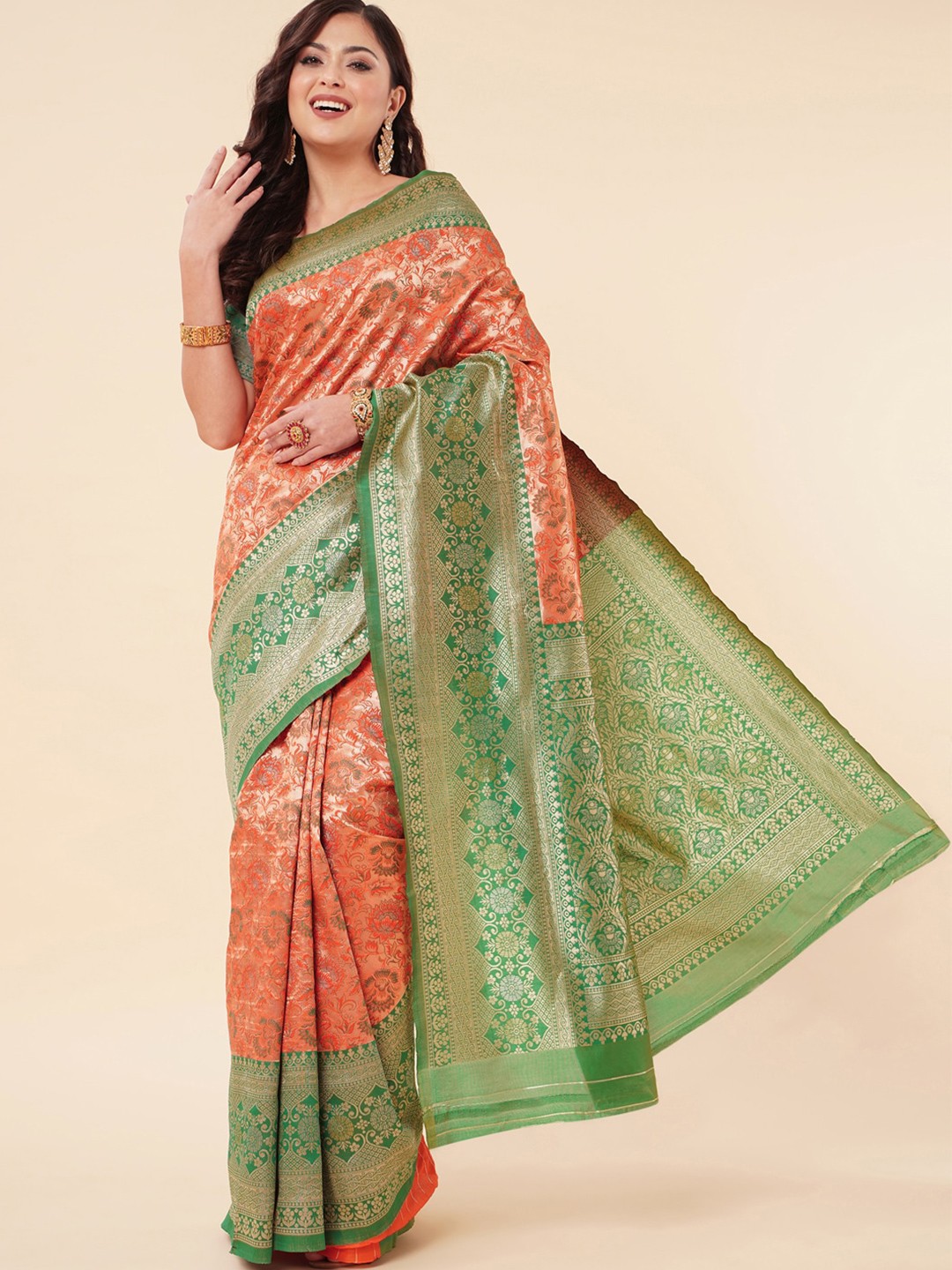 

Wuxi Ethnic Motifs Woven Design Zari Pure Silk Banarasi Saree, Orange
