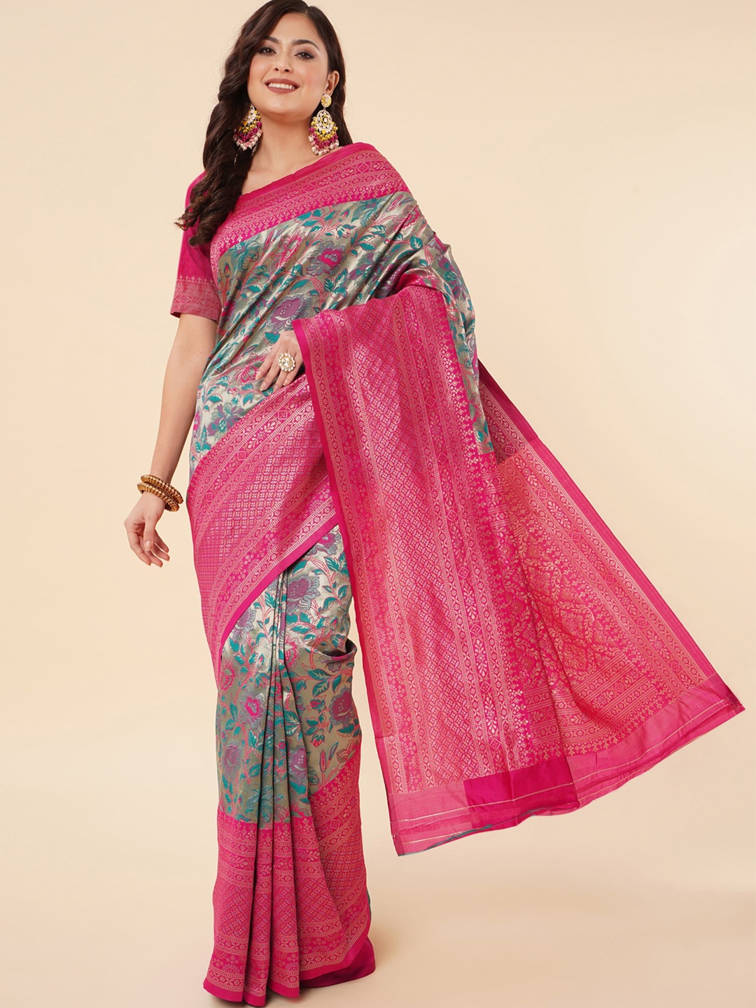 

Wuxi Sea Floral Motif Woven Design Zari Pure Silk Banarasi Saree, Green