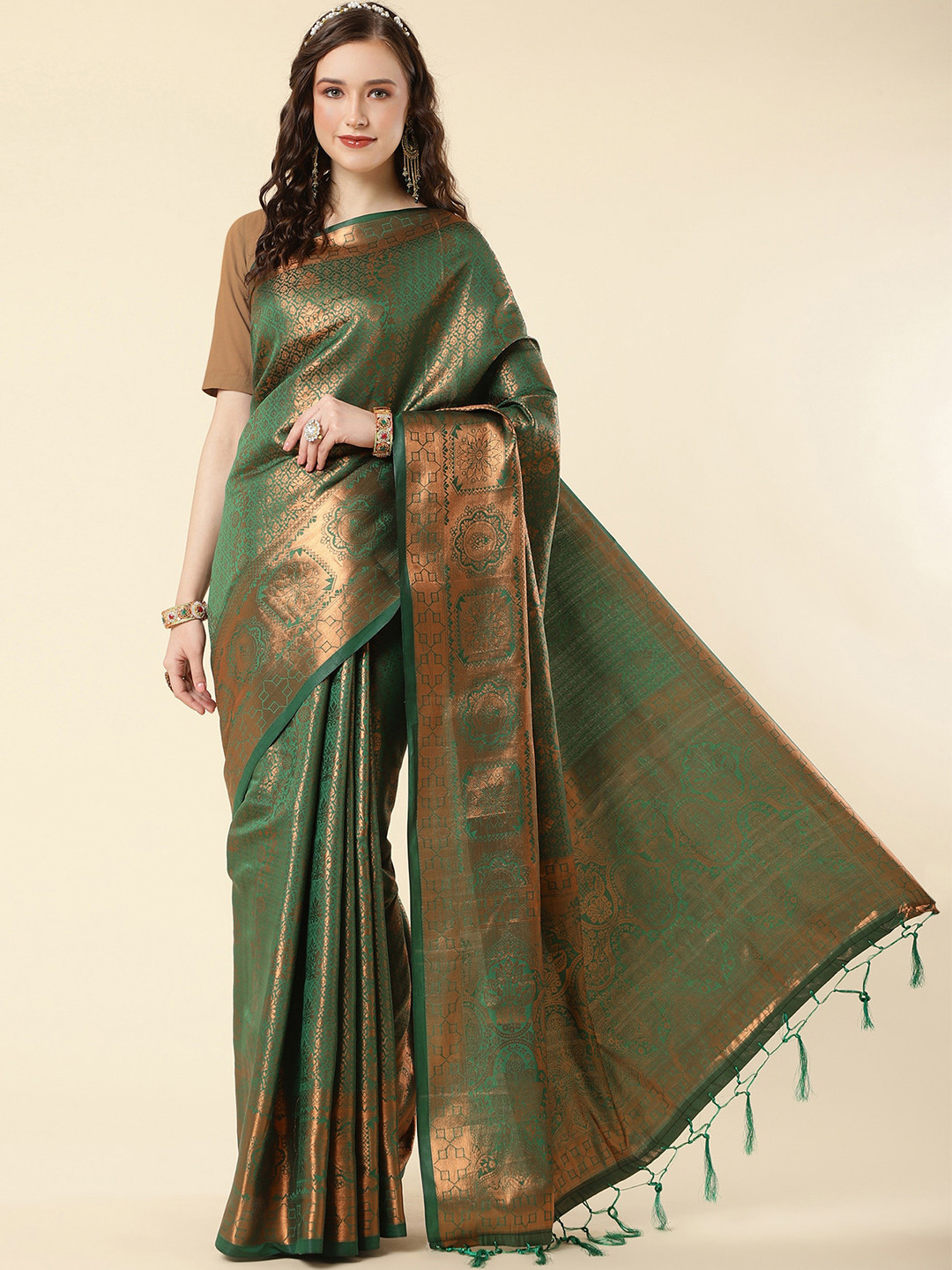 

Wuxi Ethnic Motif Woven Design Zari Pure Silk Banarasi Saree, Green