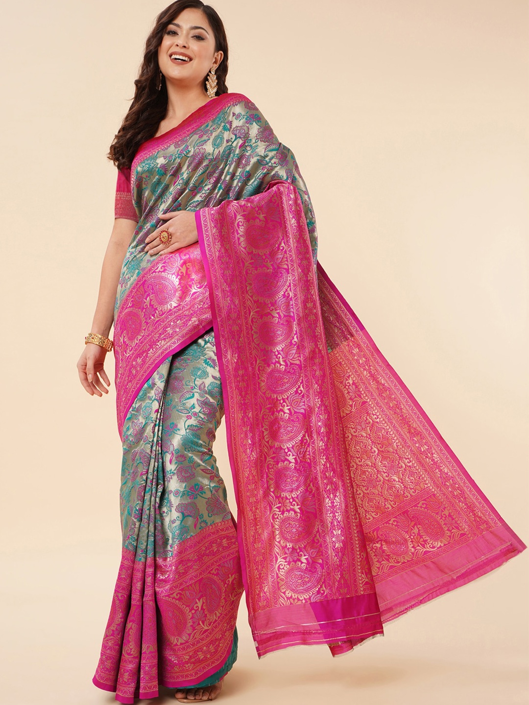 

Wuxi Woven Design Zari Pure Silk Banarasi Saree, Sea green