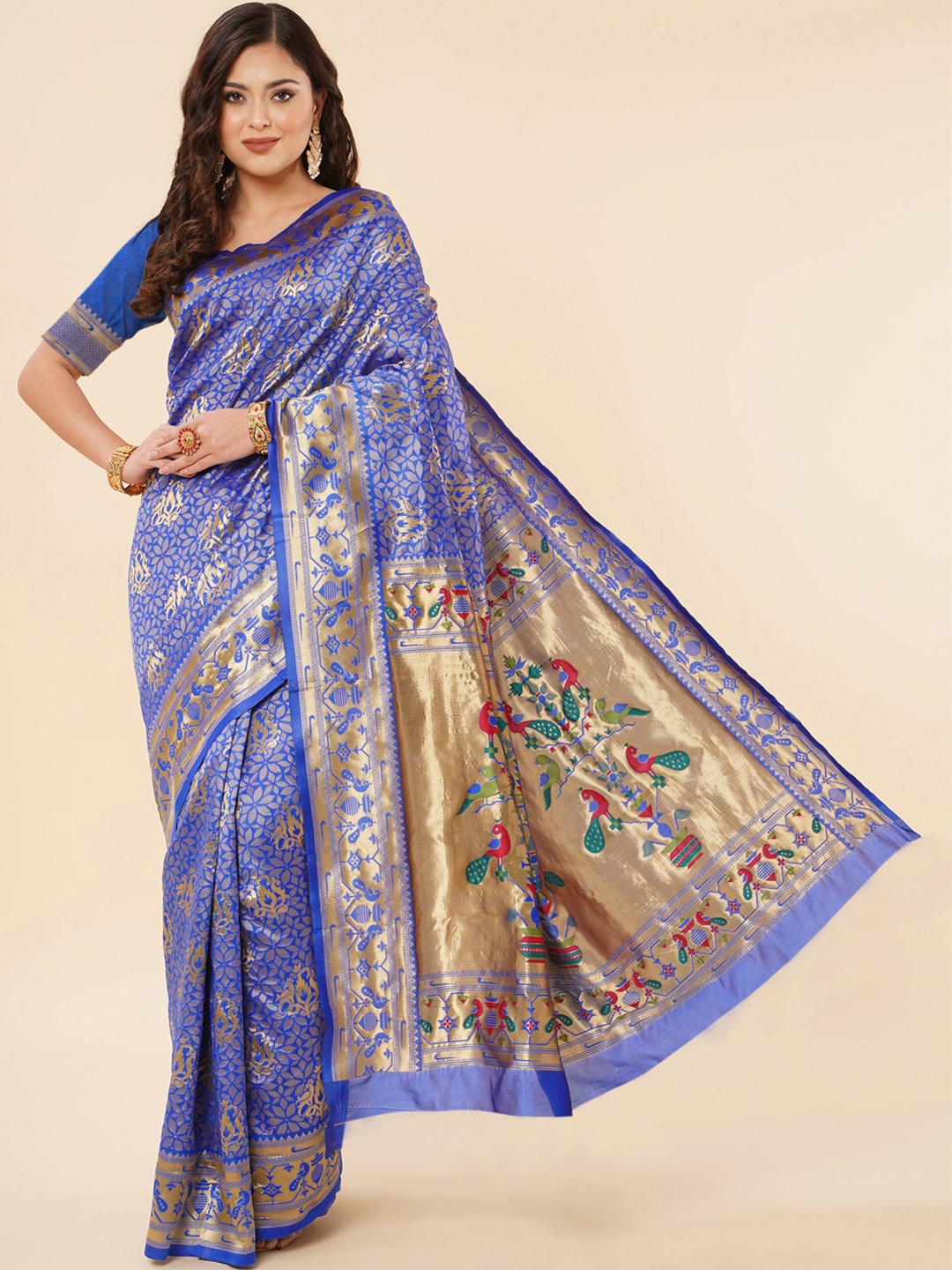 

Wuxi Floral Zari Pure Silk Paithani Saree, Blue