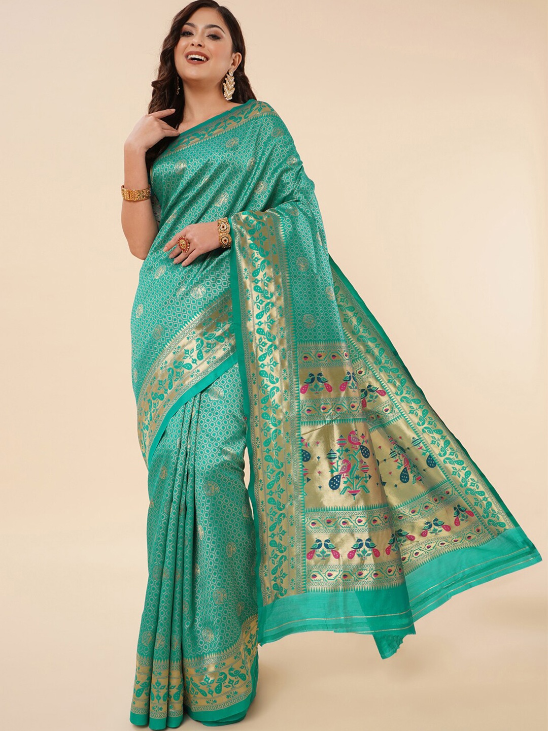 

Wuxi Ethnic Motifs Woven Design Zari Pure Silk Paithani Saree, Sea green