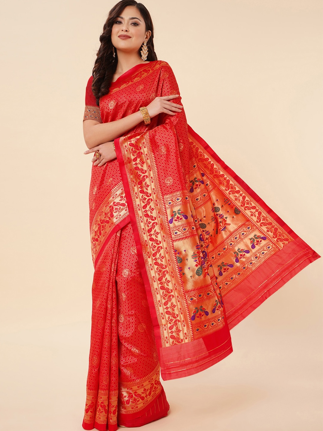 

Wuxi Ethnic Motifs Woven Design Zari Pure Silk Paithani Saree, Red