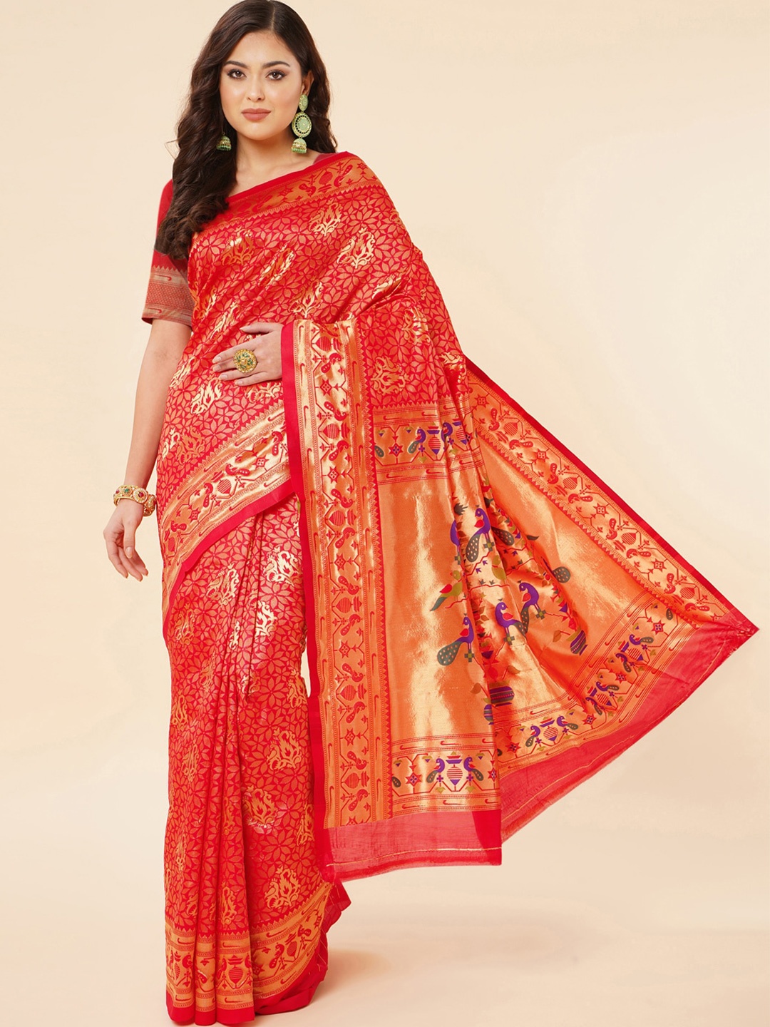 

Wuxi Floral Woven Design Zari Pure Silk Paithani Saree, Red