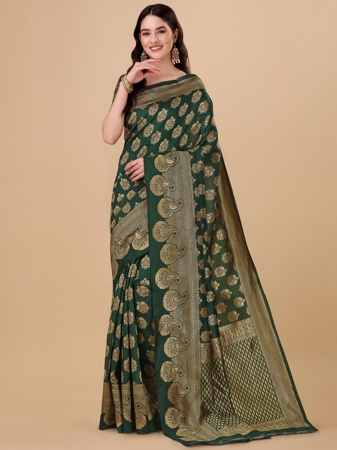 

Wuxi Ethnic Motifs Woven Design Zari Pure Silk Banarasi Saree, Green
