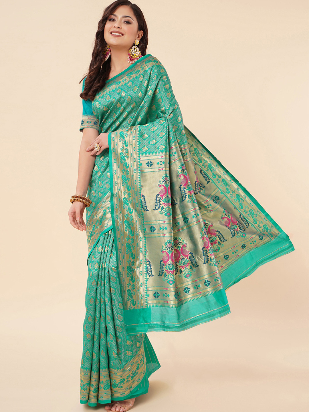 

Wuxi Woven Design Zari Pure Silk Paithani Saree, Green
