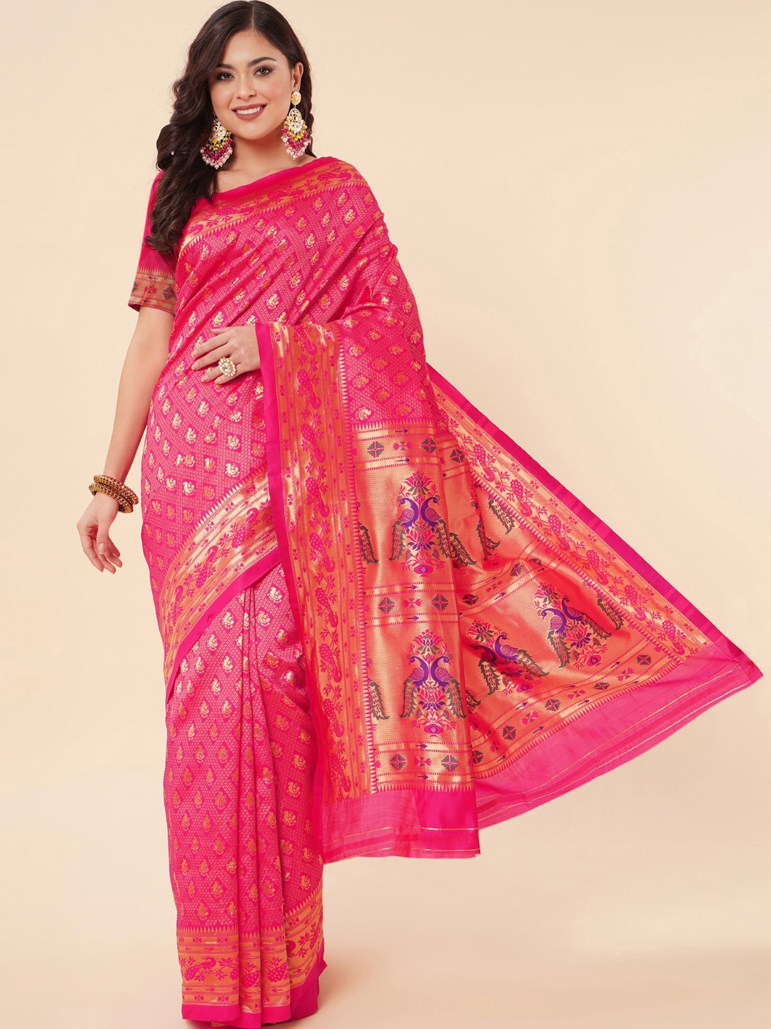 

Wuxi Woven Design Zari Pure Silk Paithani Saree, Pink