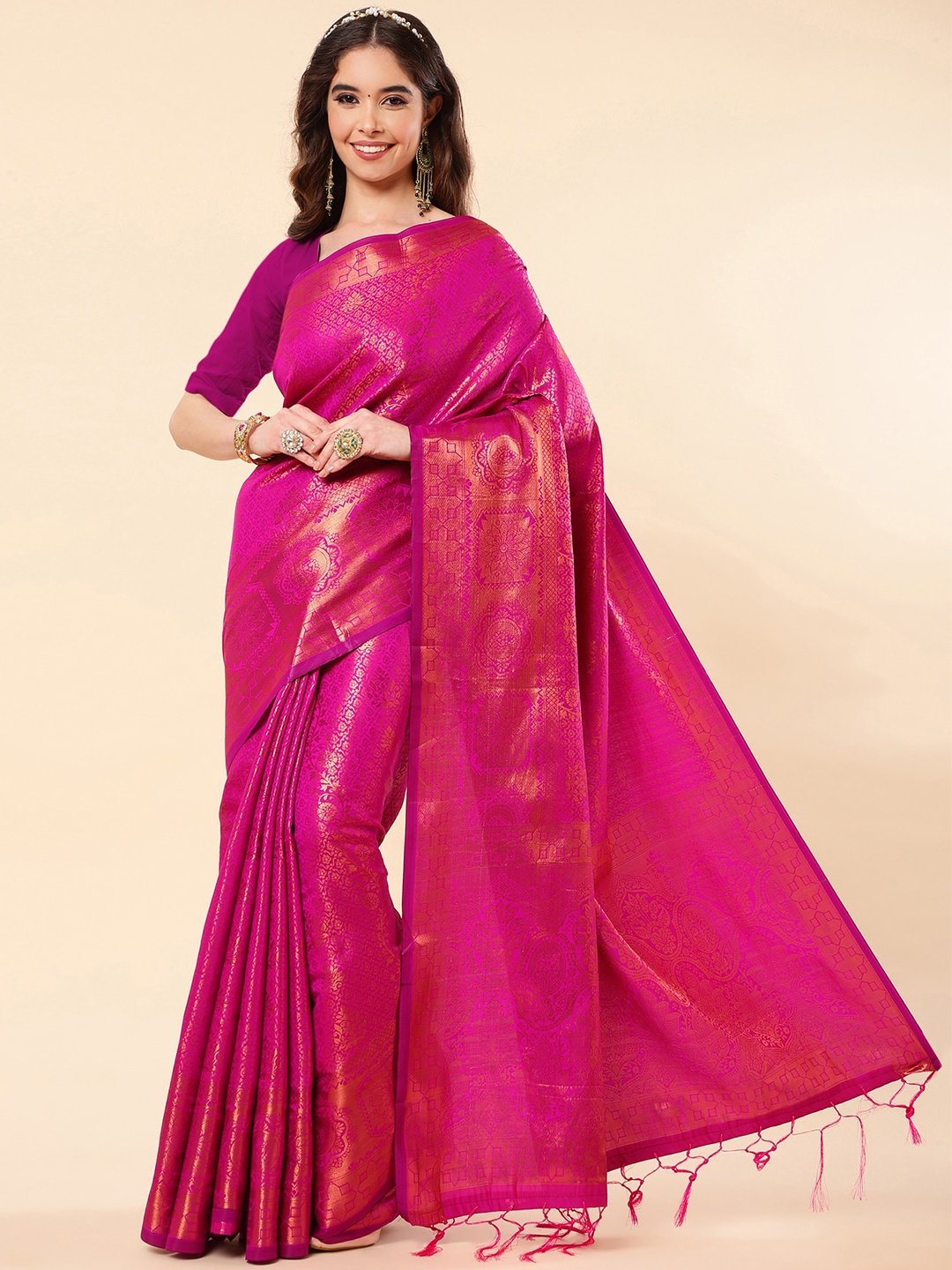 

Wuxi Ethnic Motif Woven Design Zari Pure Silk Banarasi Saree, Pink