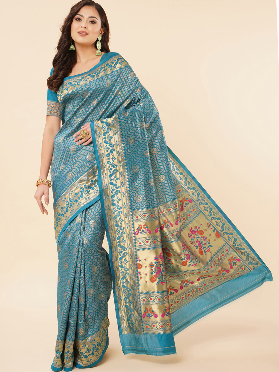 

Wuxi Ethnic Motif Woven Design Zari Pure Silk Paithani Saree, Teal