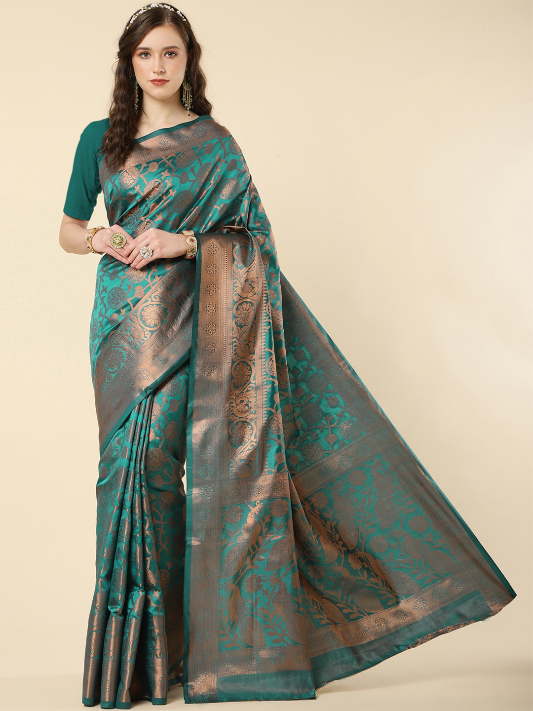 

Wuxi Ethnic Motif Woven Design Zari Pure Silk Banarasi Saree, Sea green