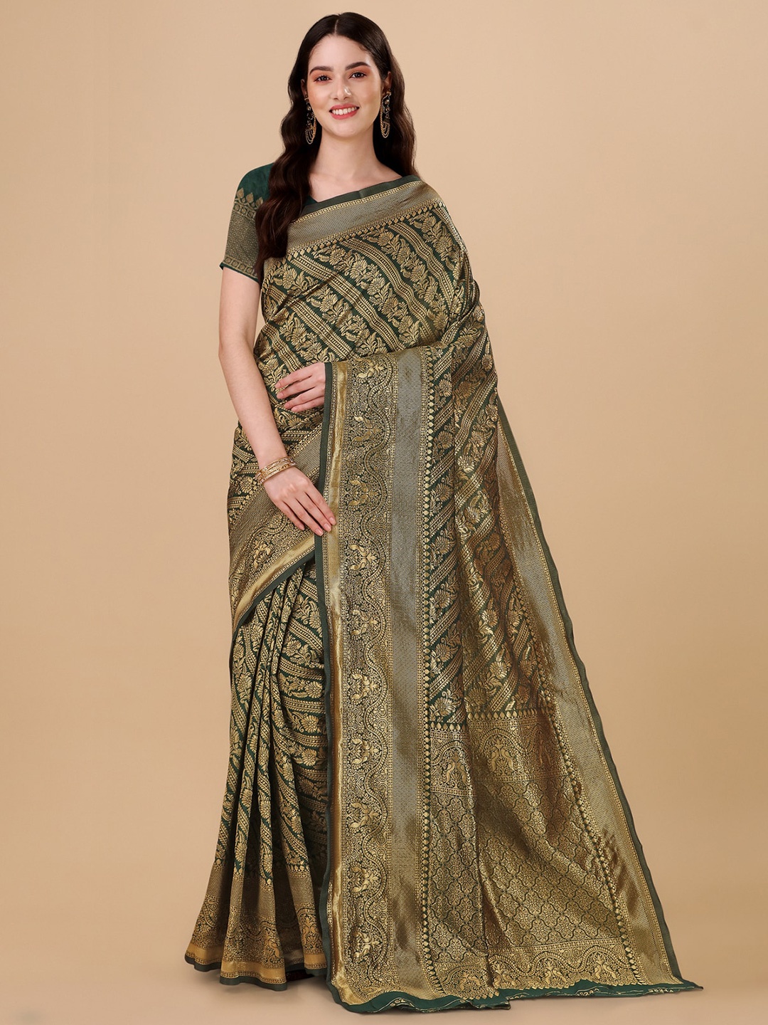 

Wuxi Floral Woven Design Zari Pure Silk Leheriya Saree, Green