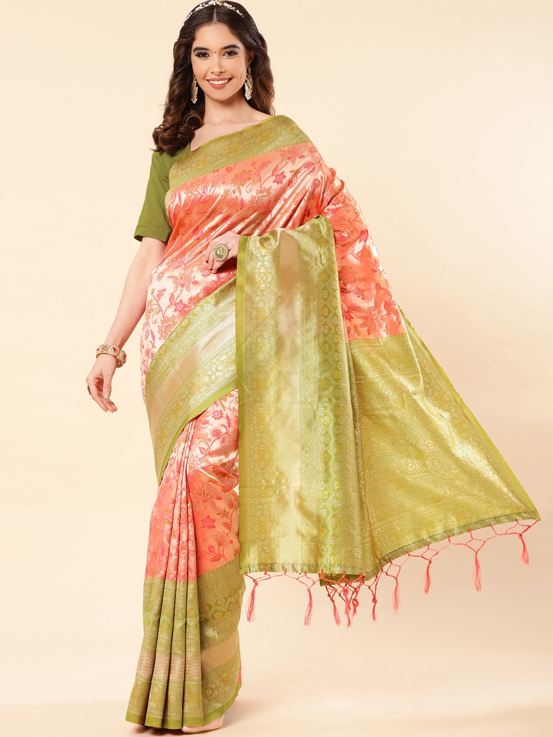 

Wuxi Floral Woven Design Zari Pure Silk Banarasi Saree, Peach