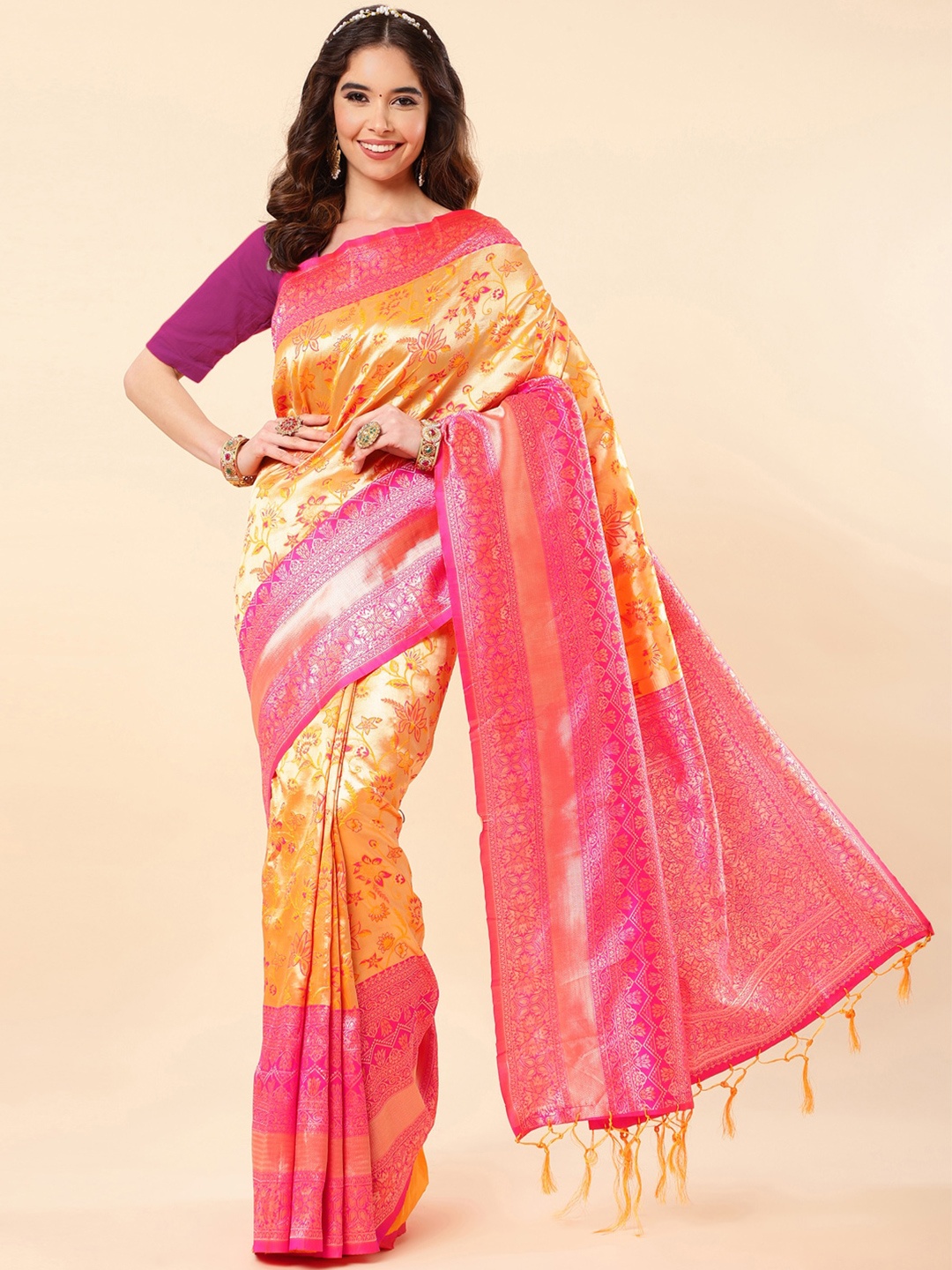 

Wuxi Floral Woven Design Zari Pure Silk Banarasi Saree, Orange