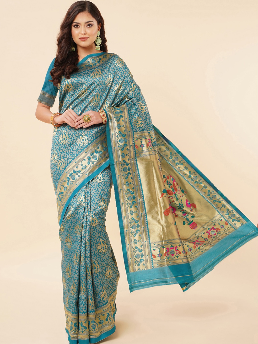 

Wuxi Ethnic Motifs Woven Design Zari Pure Silk Paithani Saree, Turquoise blue