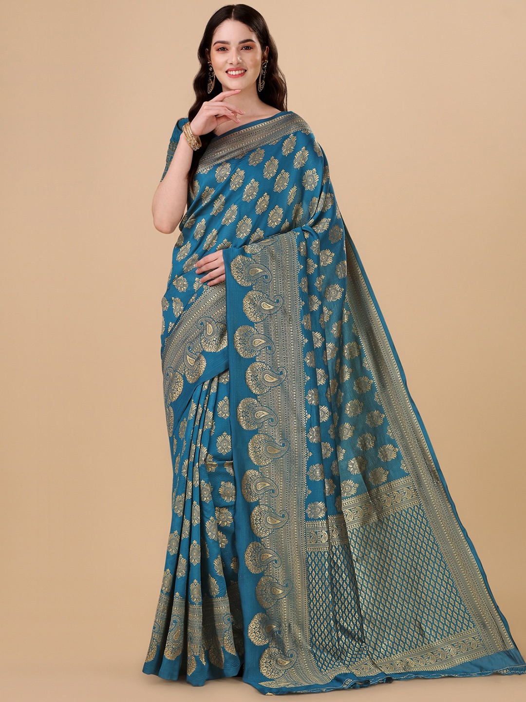 

Wuxi Teal & Gold-Toned Woven Design Zari Pure Silk Banarasi Saree