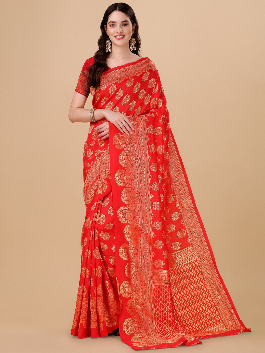 

Wuxi Woven Design Zari Pure Silk Banarasi Saree, Red