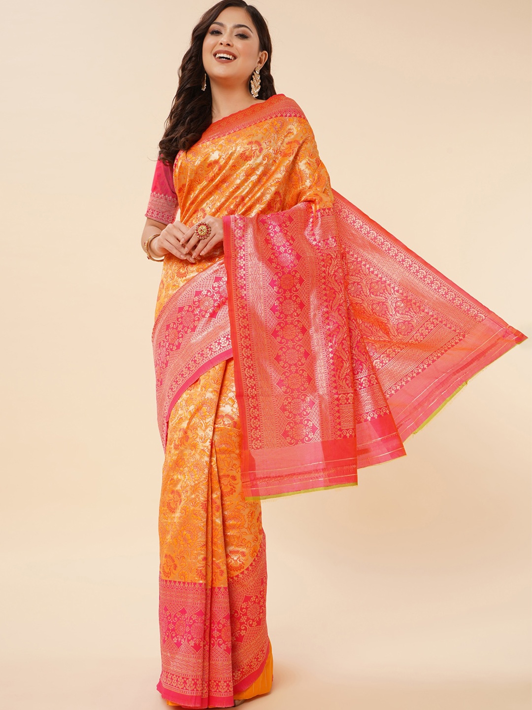 

Wuxi Floral Woven Design Zari Pure Silk Banarasi Saree, Orange