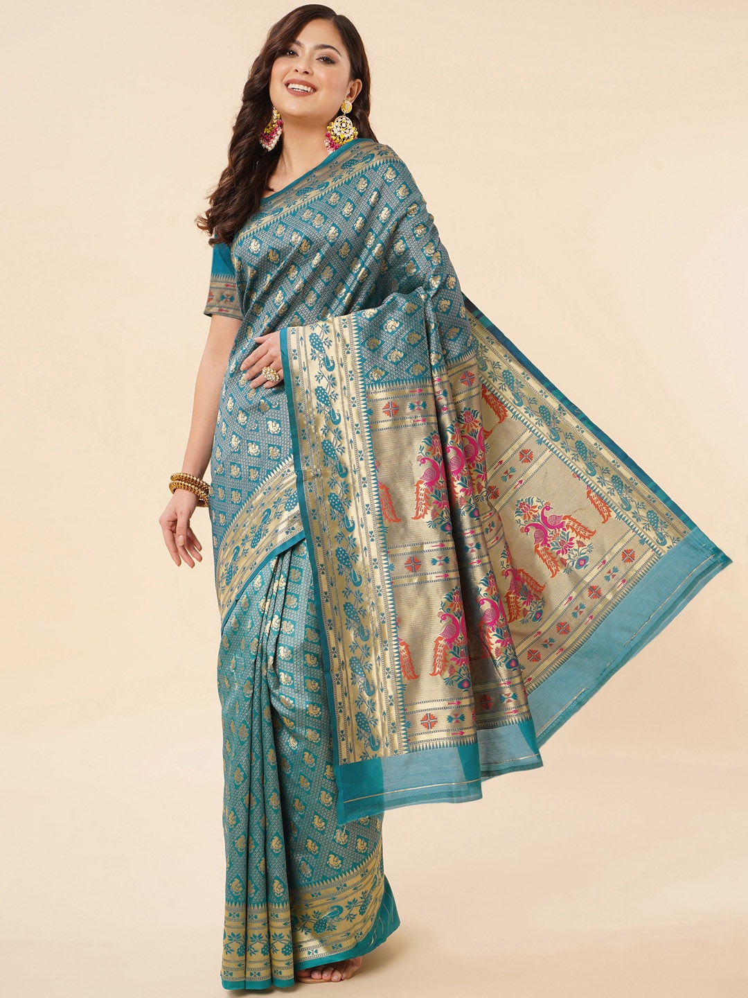 

Wuxi Ethnic Motif Zari Pure Silk Paithani Saree, Teal