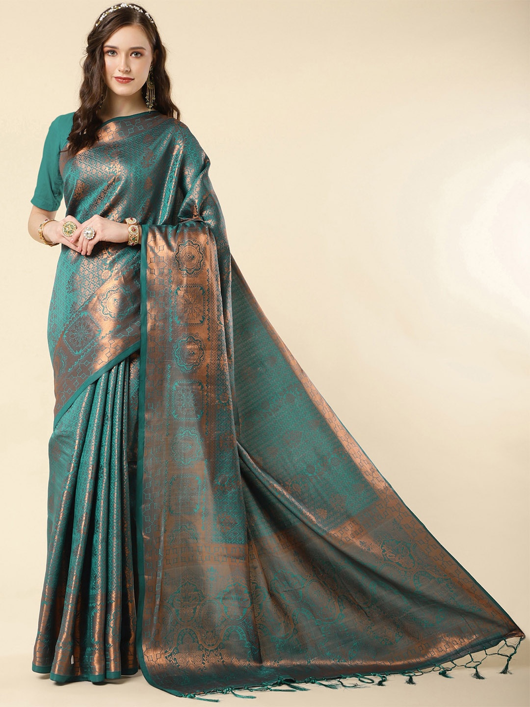 

Wuxi Ethnic Motif Zari Pure Silk Banarasi Saree, Teal