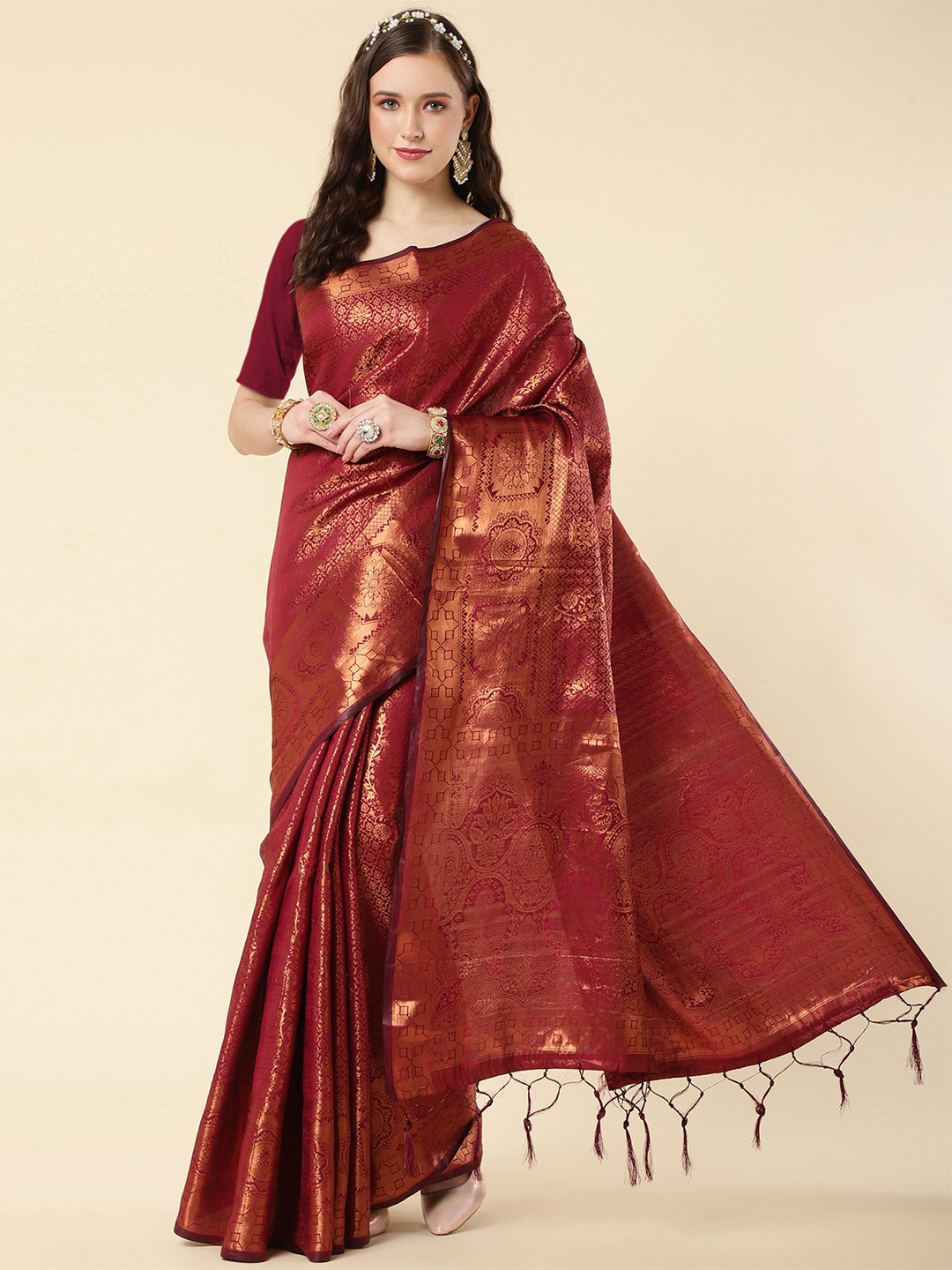 

Wuxi Floral Woven Design Zari Pure Silk Banarasi Saree, Maroon