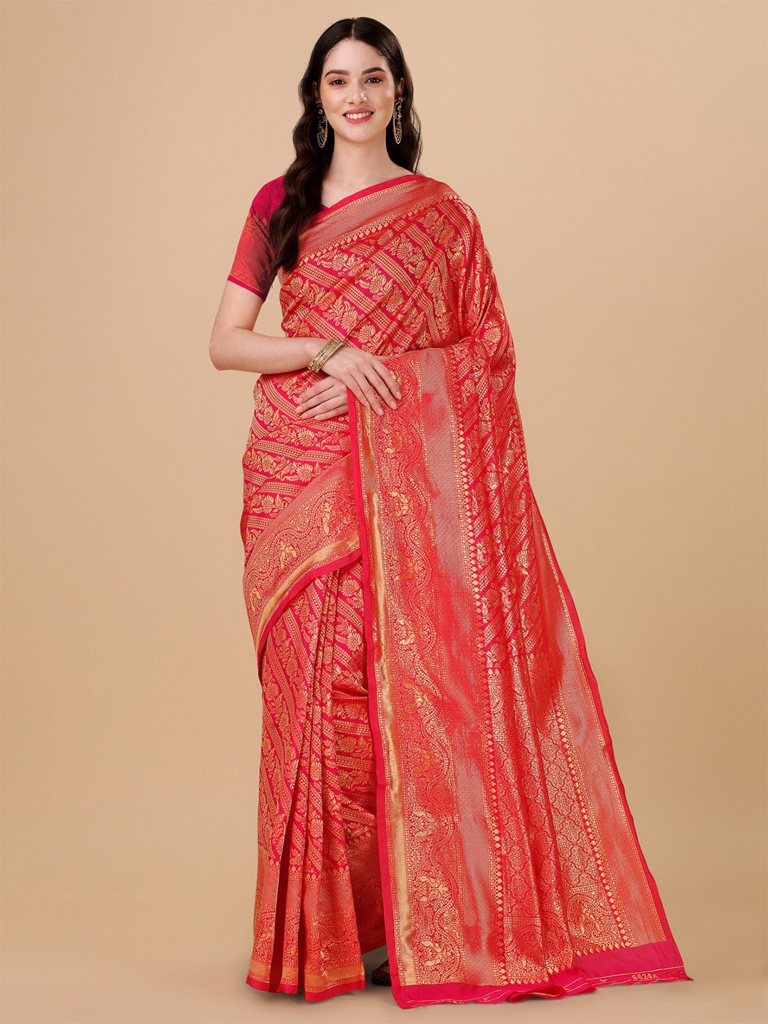 

Wuxi Floral Woven Design Zari Pure Silk Leheriya Saree, Pink