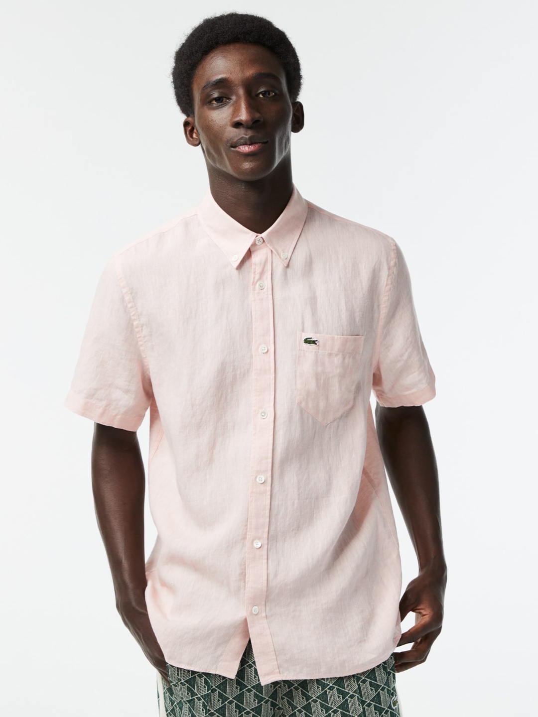 

Lacoste Spread Collar Linen Casual Shirt, Pink