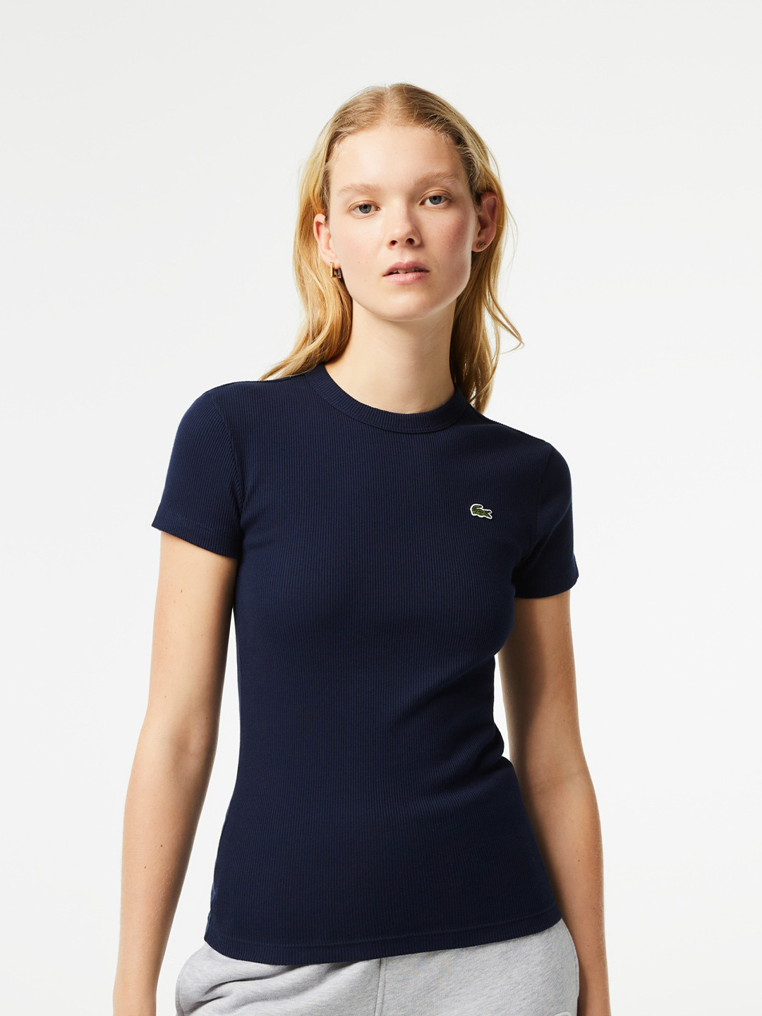 

Lacoste Round Neck Slim Fit Brand Logo Embroidered Cotton T-shirt, Navy blue
