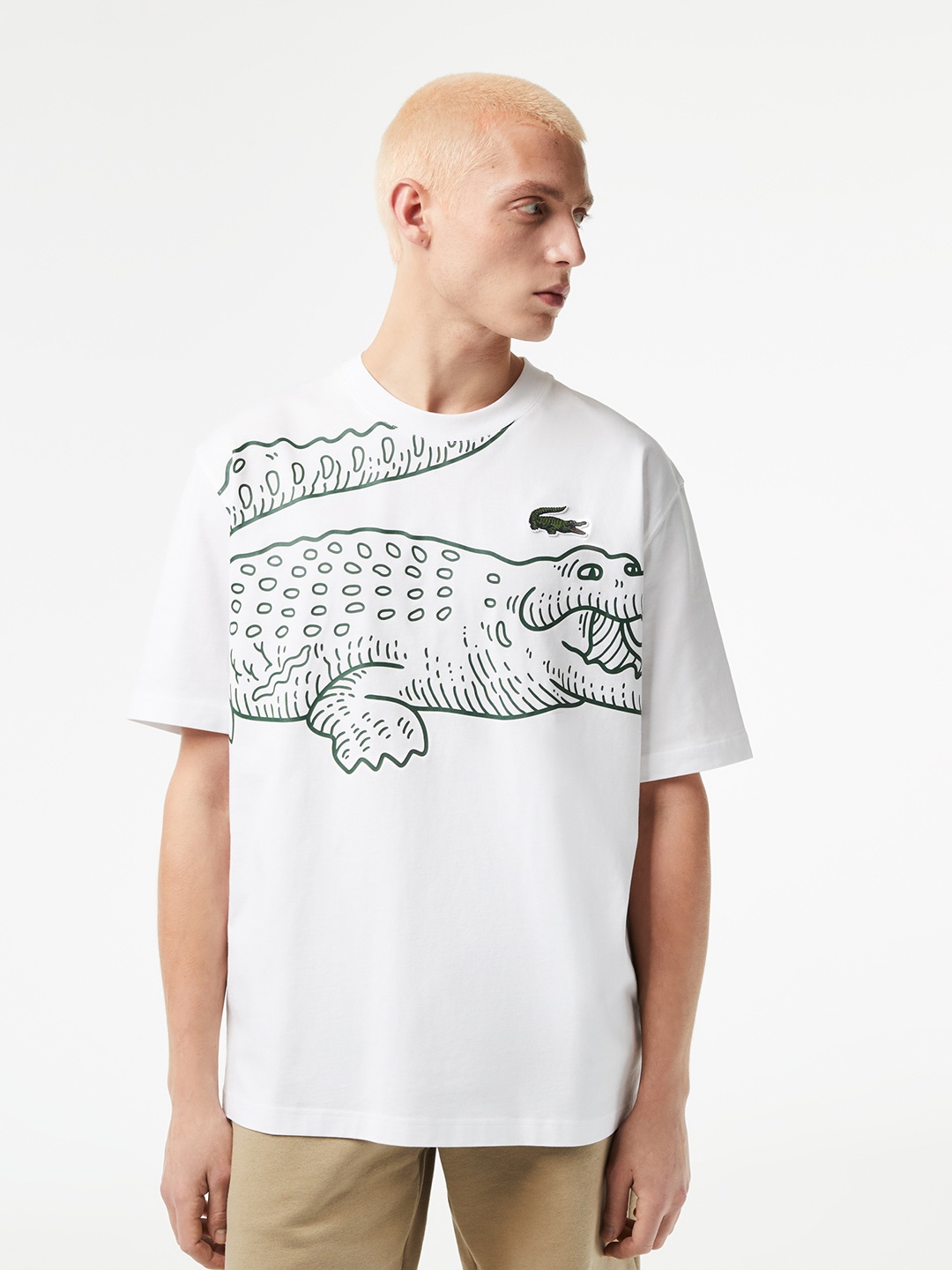 

Lacoste Crocodile Print Round Neck Loose Fit Pure Cotton T-shirt, White