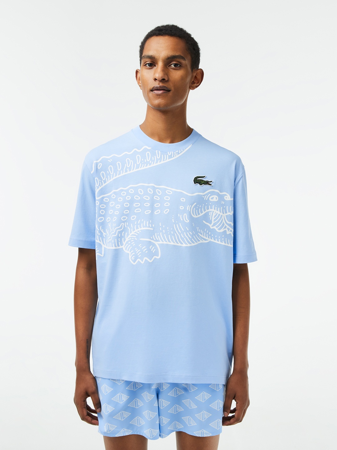 

Lacoste Men Graphic Printed Pure Cotton Loose T-shirt, Blue