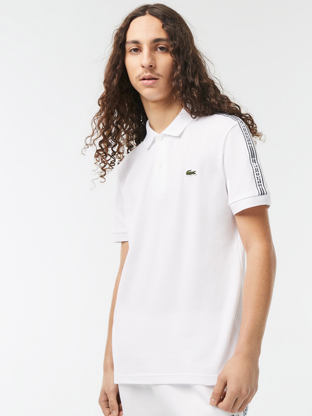 

Lacoste Men Logo Stripe Cotton Polo Collar Sports T-shirt, White