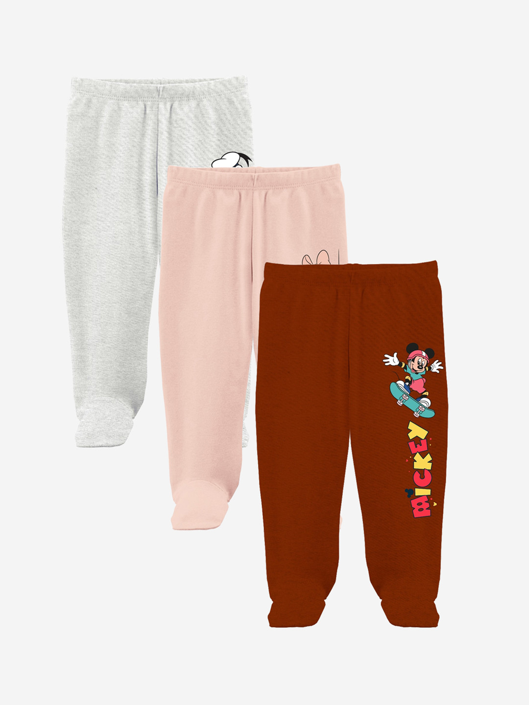 

Minicult Unisex Kids Set Of 3 Printed Footed Pure Cotton Lounge Pants, Grey