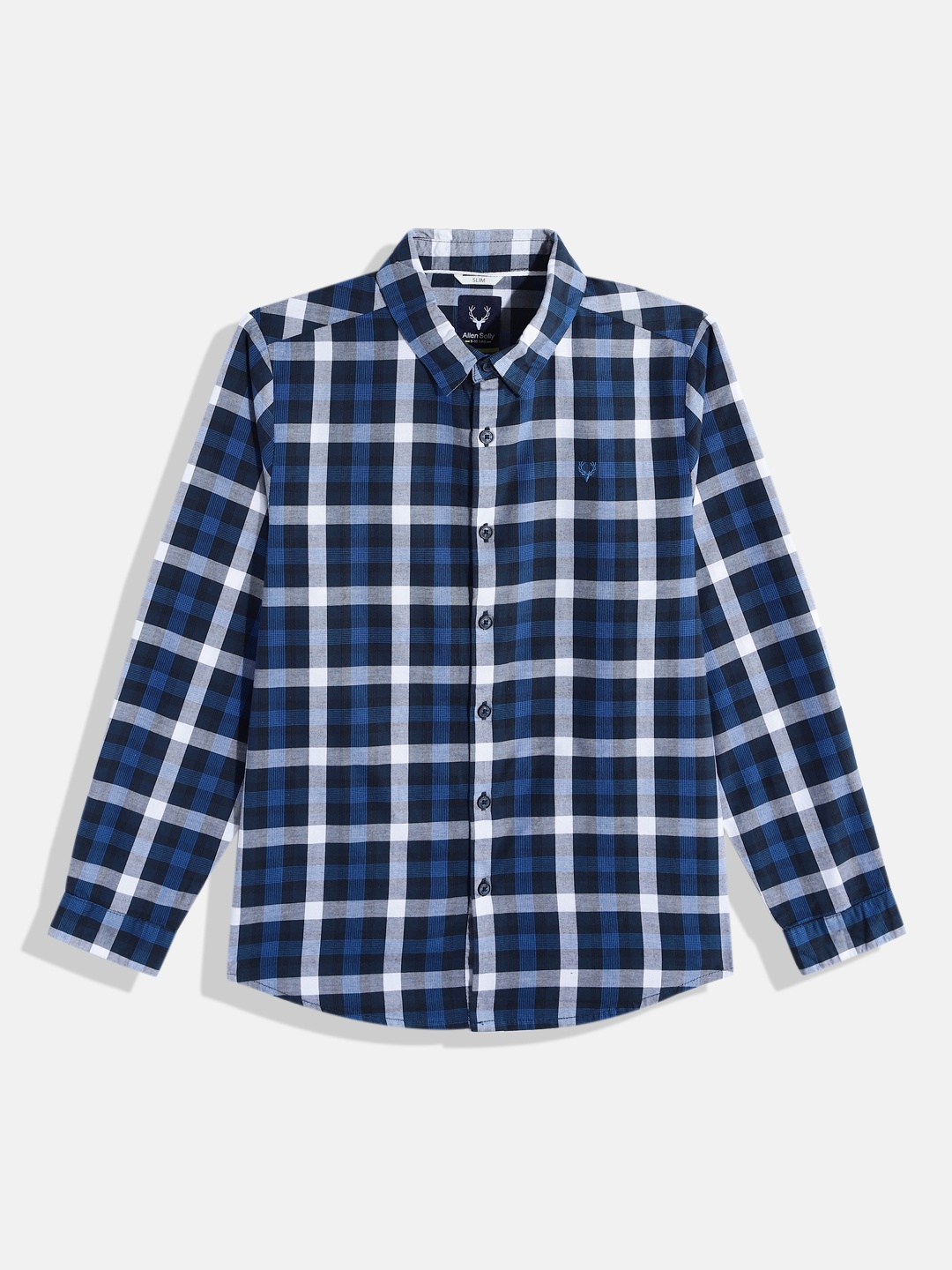 

Allen Solly Junior Boys Slim Fit Checked Pure Cotton Casual Shirt, Navy blue