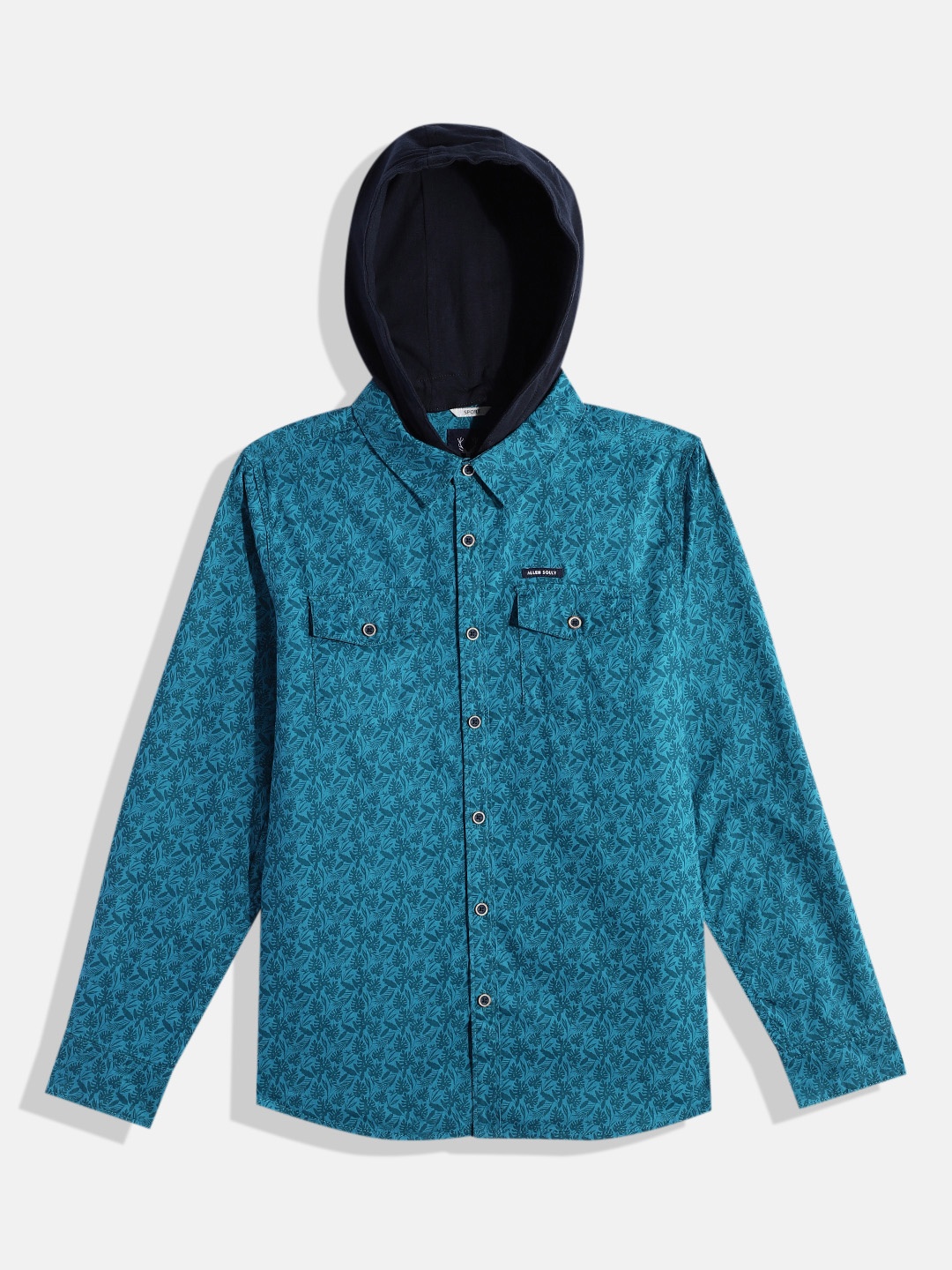 

Allen Solly Junior Boys Sport Floral Opaque Printed Pure Cotton Shirt With Detachable Hood, Teal