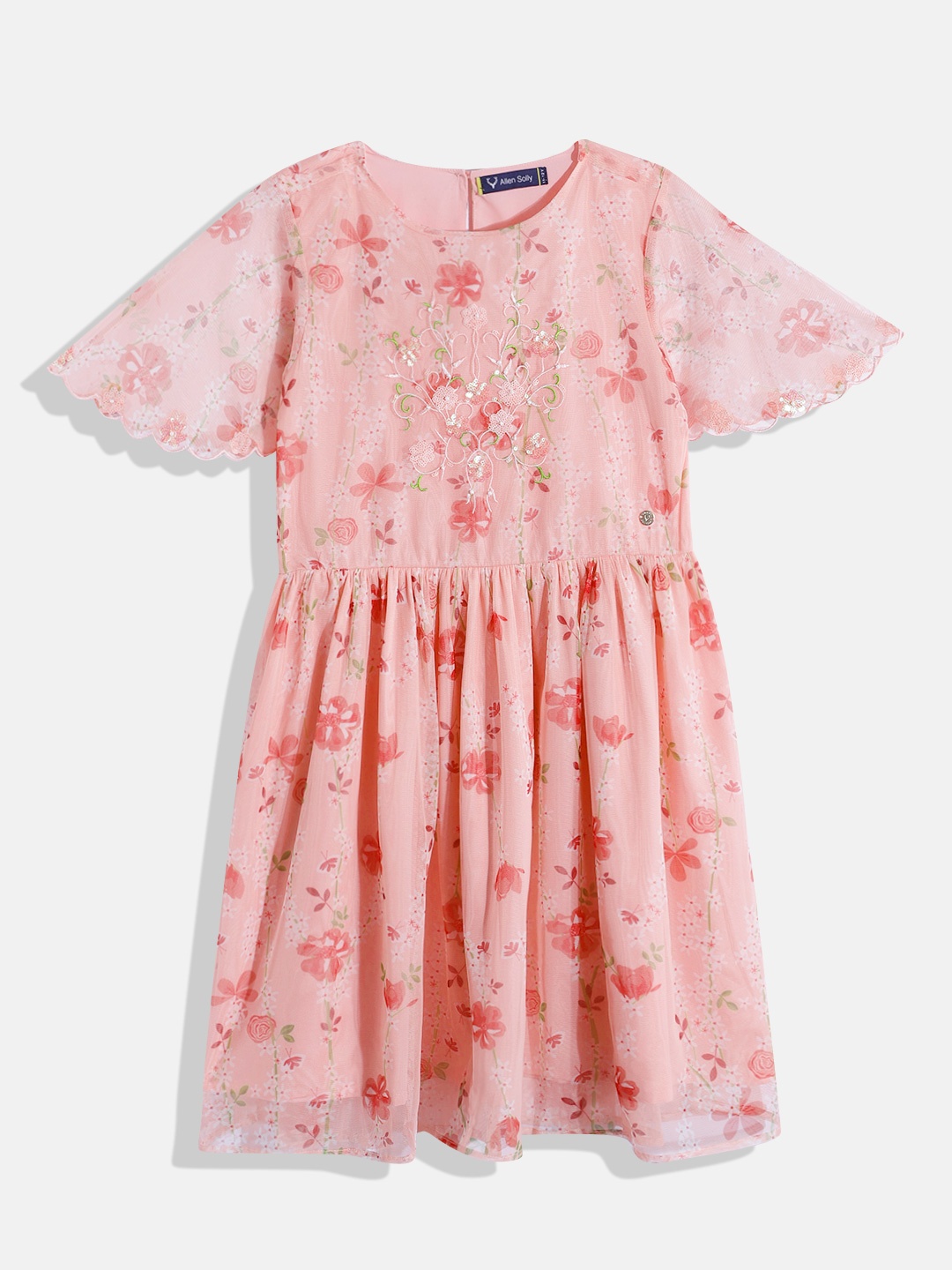 

Allen Solly Junior Girls Floral Print Sequined Detail Flared Sleeve Fit & Flare Dress, Peach